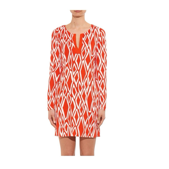 Diane von Furstenberg Silk Jersey Dress Size M Red & White Ikat Tunic Print - Picture 1 of 10